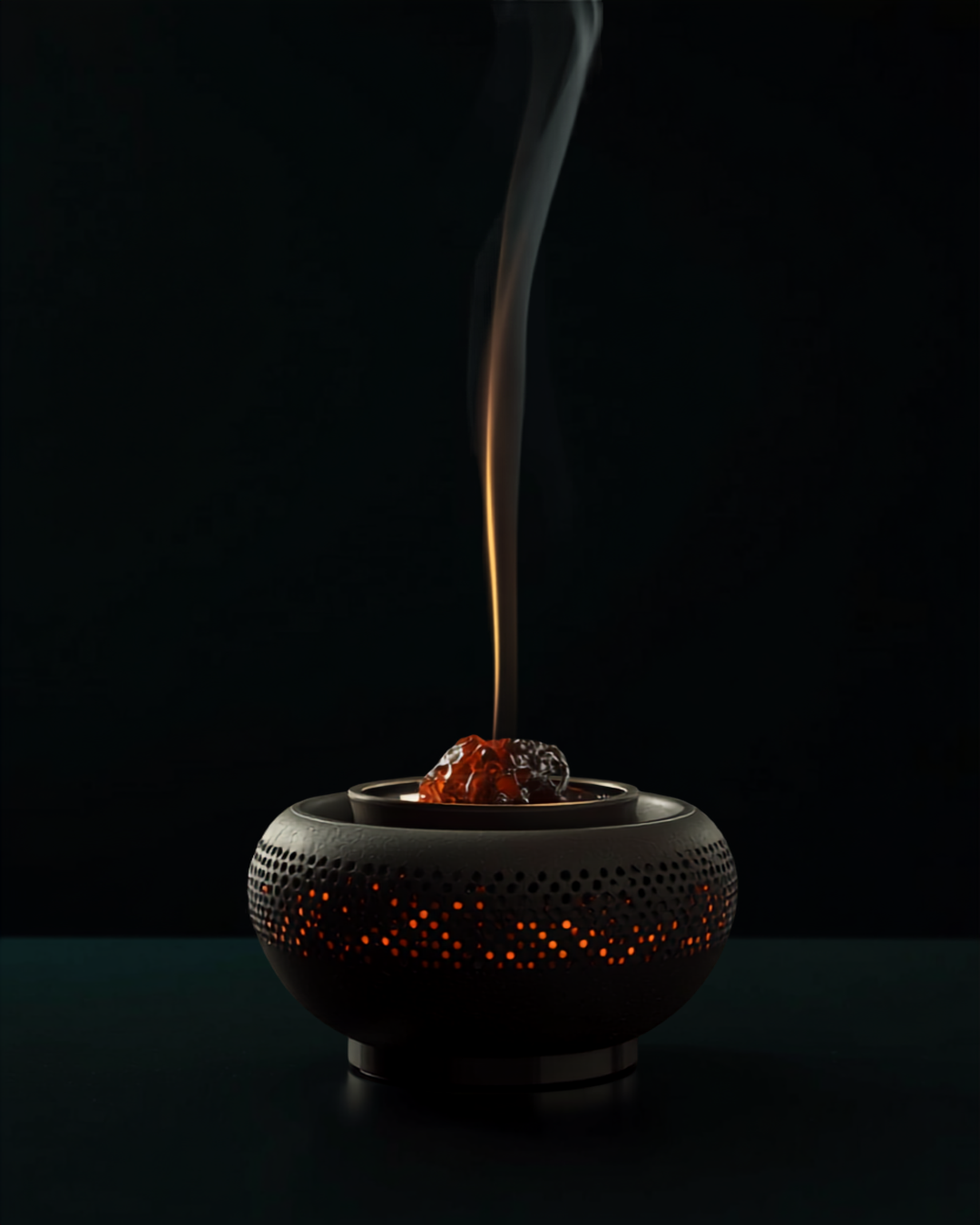 Black damar resin melting on a warm mica plate, gold smoke rising in soft morning light
